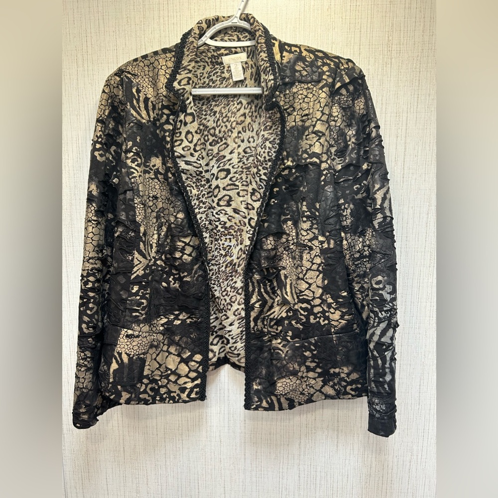 Chico’s Black Leopard Snake Animal Print Textured Blazer‎ Jacket Top Career